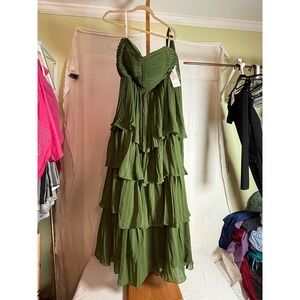 Wear Your Love Olive Green Tiered Pleated Chiffon Maxi Dress Sweetheart Gown NWT